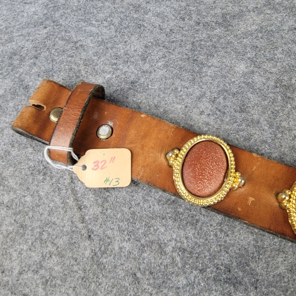 Jacobs Leather Vintage Brown Belt Goldstone Cabochon Concho Plantsville CT 32 - Picture 2 of 13